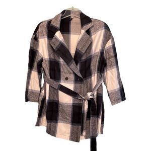 Shein Curve Buffalo Plaid Shacket Jacket Black White Blue Flannel Belted 3/4 Sle